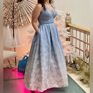 Camille La Vie Light Blue Ombre Lace Prom Dress